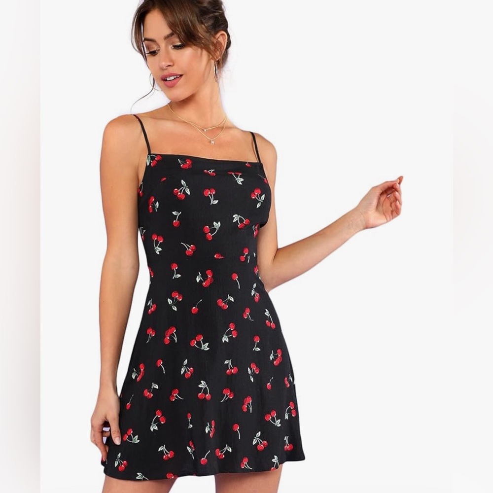🍒🍒 Floerns Women's Summer Floral Cherry Print A Line Short Cami Dress 🍒🍒